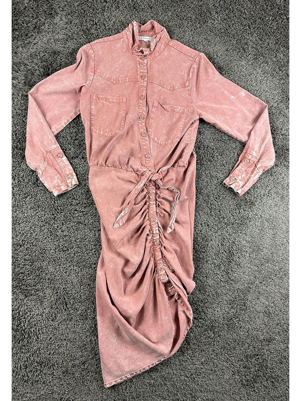 Young Fabulous & Broke Womens Shirt Dress Small Pink Mineral Wash Ruched Tencel